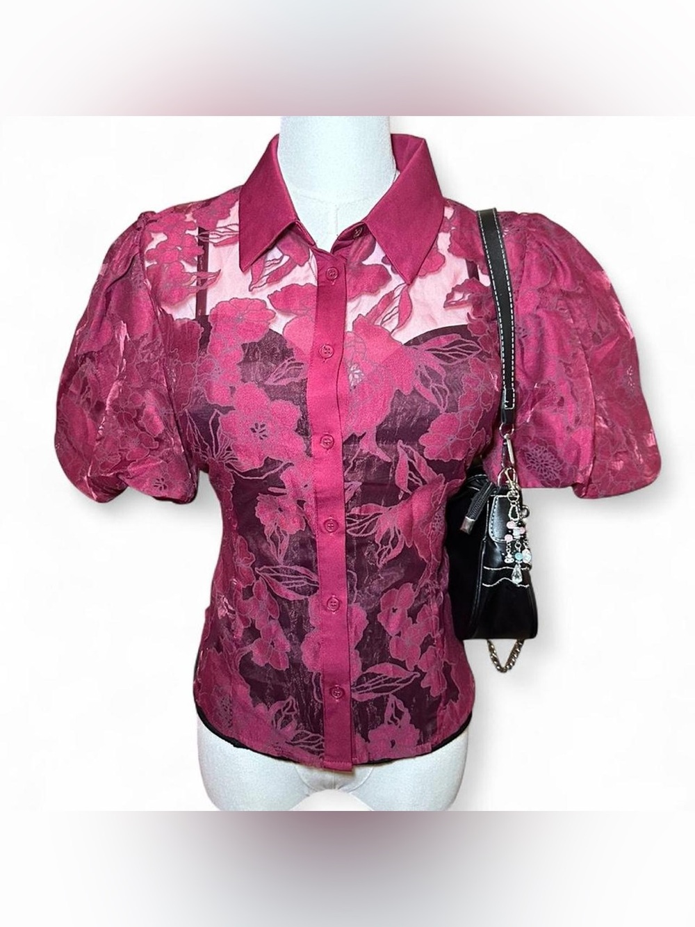 Lucky Brand Floral Mesh Button-Front Burgundy Blouse Vampy Whimsygoth Fairycore